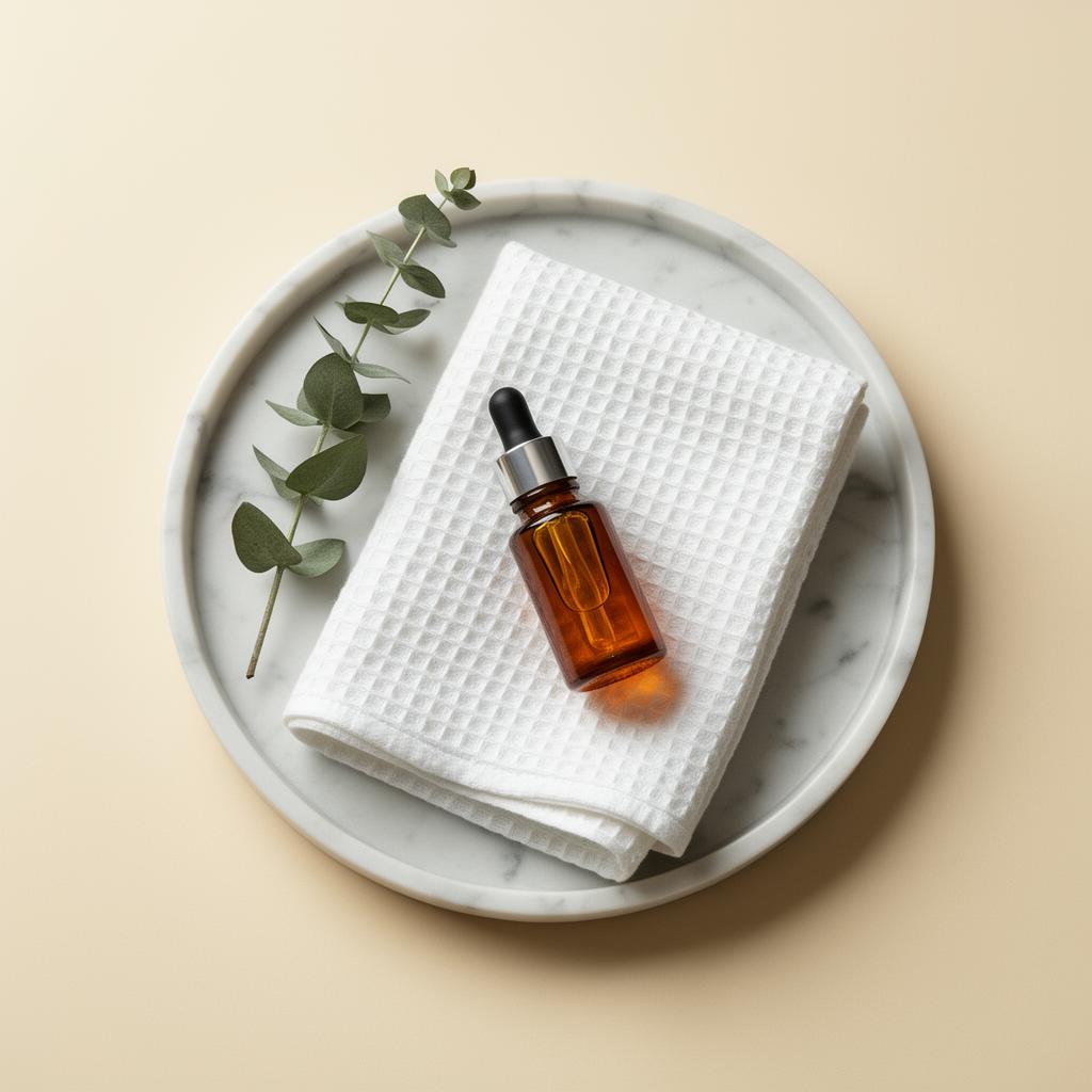 Marble tray with an amber serum bottle, folded waffle cloth, and a sprig of eucalyptus.