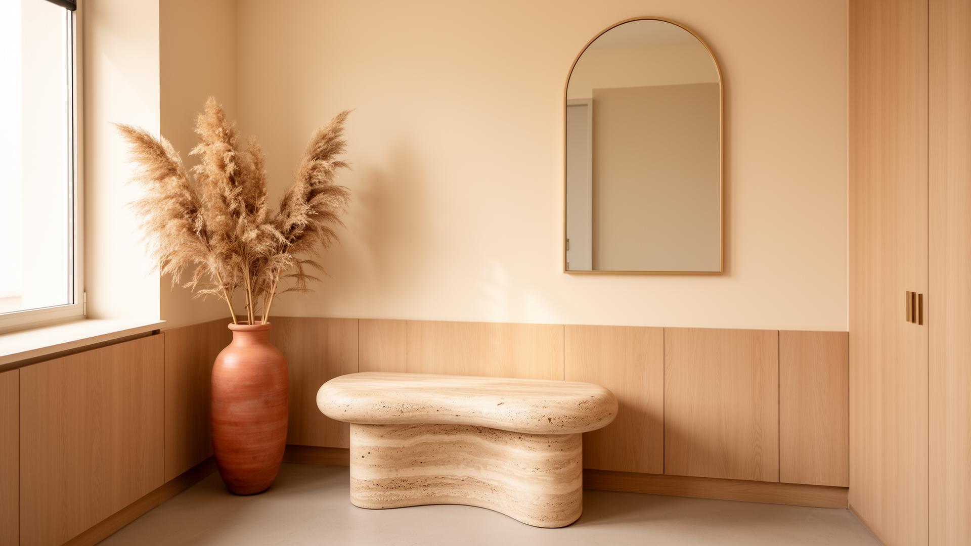 Calm, sunlit reception area with pale oak millwork, a sculptural travertine bench, and a terracotta vessel of dried pampas grass.
